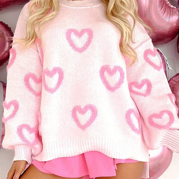 Pink Casual Women's Valentine's Day Heart Pattern Fuzzy Long Sleeve Sweater - Picture 2 of 6